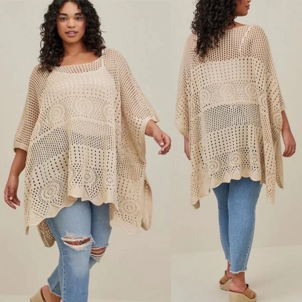 Torrid Crochet Knit Kimono Sweater OS Beige Open Knit Breathable Poncho Beach